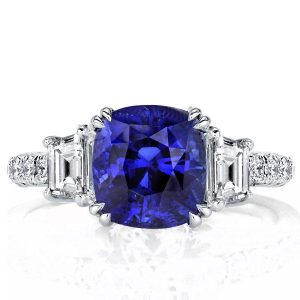 unique engagement rings - Three Stone Double Prong Blue Sapphire Cushion Cut Engagement Ring, Italo jewelry - Online Catalog