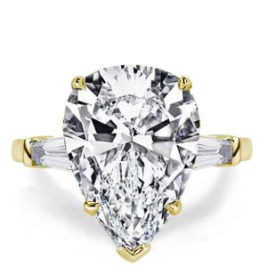 classic engagement rings - Golden Three Stone Pear Created White Sapphire Engagement Ring, Italo jewelry - Online Catalog