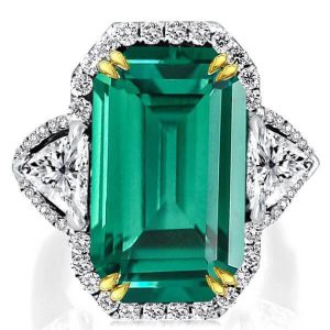 unique engagement rings - Two Tone Emerald Cut Emerald Green 3 Stone Halo Engagement Ring, Italo jewelry - Online Catalog