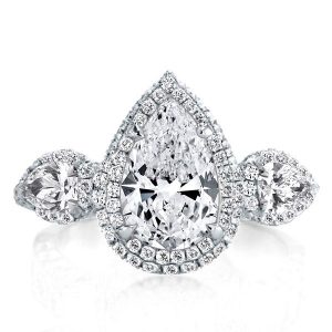 classic engagement rings - Double Halo Three Stone Pear Cut Enagement Ring, Italo jewelry - Online Catalog