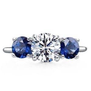 classic engagement rings - Three Stone Round Cut Blue Sapphire Engagement Ring, Italo jewelry - Online Catalog