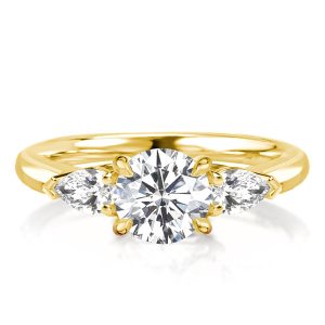 three stone engagement rings - Three Stone Round & Pear Cut Golden Engagement Ring, Italo jewelry - Online Catalog