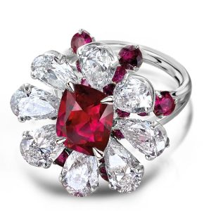 unique engagement rings - Garnet Red & White Sapphire Halo Flower Engagement Ring, Italo jewelry - Online Catalog