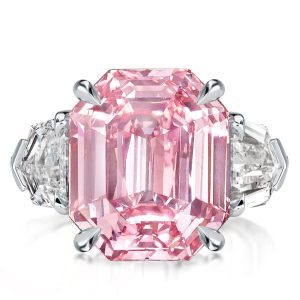 Three stone rings - Three Stone Created Pink Emerald Cut Engagement Ring, Three stone rings, Italo jewelry - Online Catalog