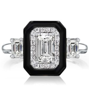 Three stone rings - Italo Black Ring Halo Three Stone Emerald Cut Engagement Ring, Three stone rings, Italo jewelry - Online Catalog