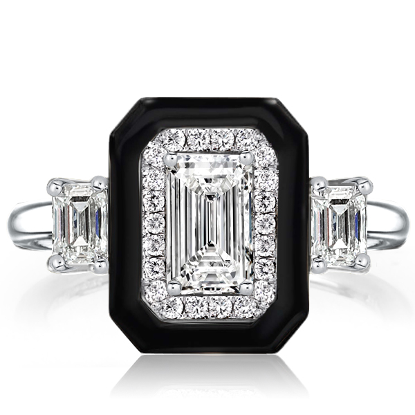 three stone engagement rings - Italo Black Ring Halo Three Stone Emerald Cut Engagement Ring, Italo jewelry - Online Catalog