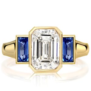 three stone engagement rings - Golden Blue Sapphire 3 Stone Emerald Cut Engagement Ring, Italo jewelry - Online Catalog