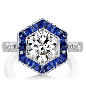 Halo Engagement Rings - Italo Halo Round Cut White & Blue Sapphire Engagement Ring, Italo jewelry - Online Catalog