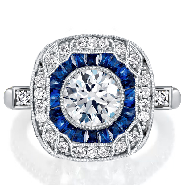 halo engagement rings - Art Deco Milgrain Halo Engagement Ring Blue Sapphire Engagement Ring, Italo jewelry - Online Catalog