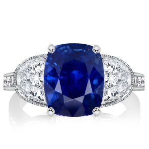 Three stone rings - Italo Three Stone Cushion Cut Blue Sapphire Engagement Ring, Three stone rings, Italo jewelry - Online Catalog