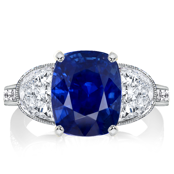 Three stone rings - Italo Three Stone Cushion Cut Blue Sapphire Engagement Ring, Three stone rings, Italo jewelry - Online Catalog