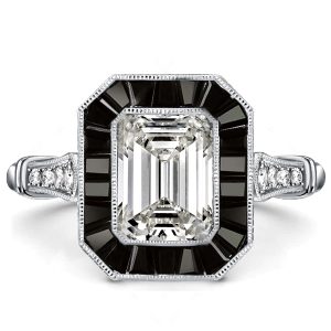 unique engagement rings - Emerald Cut Black Engagement Ring Halo Vintage Engagement Ring, Italo jewelry - Online Catalog