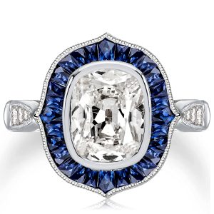 unique engagement rings - Art Deco Halo Cushion Cut Created Blue Sapphire Engagement Ring, Italo jewelry - Online Catalog