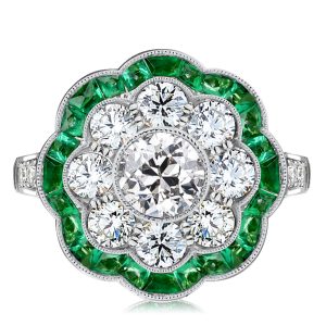 unique engagement rings - Italo Antique Milgrain Cluster Emerald Engagement Ring, Italo jewelry - Online Catalog