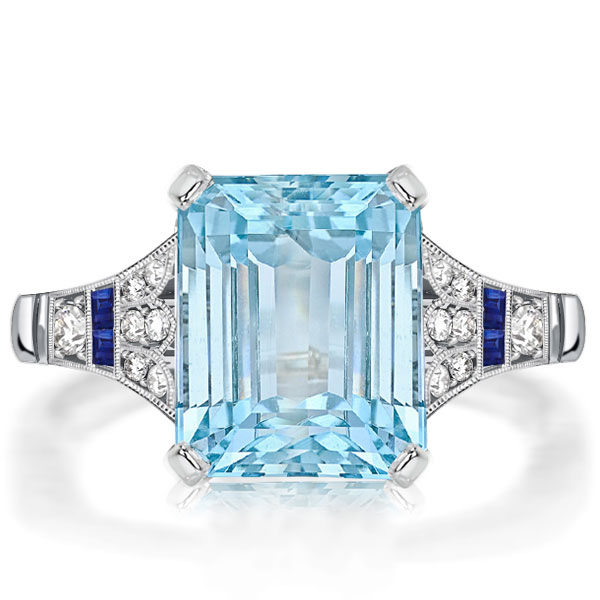 Unique rings - Art Deco Milgrain Emerald Cut Aquamarine Engagement Ring, Italo jewelry - Online Catalog