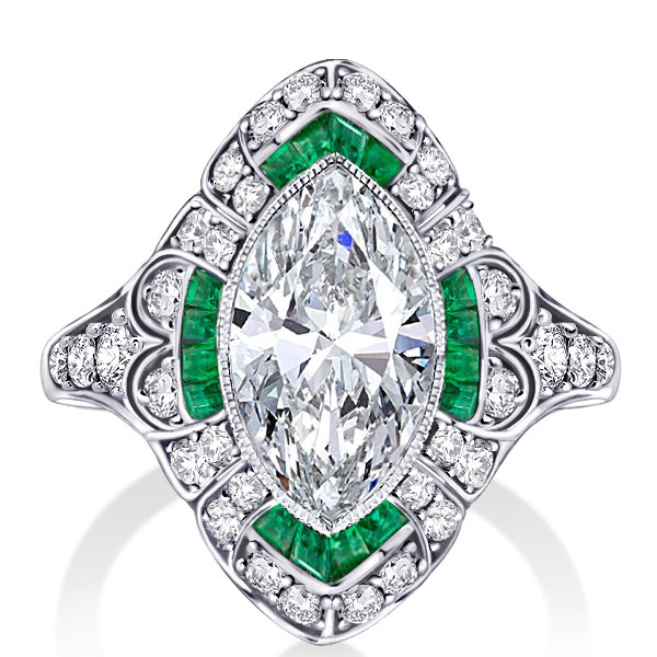 unique engagement rings - Art Deco Marquise Cut Milgrain Halo Engagement Ring, Italo jewelry - Online Catalog