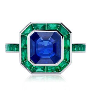 Unique rings - Halo Bezel Setting Blue Sapphire Asscher Cut Engagement Ring, Italo jewelry - Online Catalog