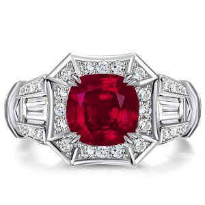 unique engagement rings - Italo Halo Ruby Cushion 2 Prong Unique Engagement Ring For Women, Italo jewelry - Online Catalog