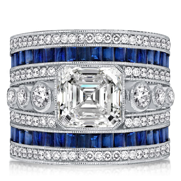 Unique rings - Italo Asscher Cut Blue Sapphire Art Deco Ring Cocktail Ring, Italo jewelry - Online Catalog