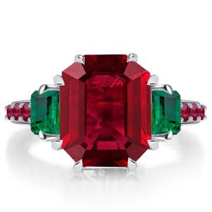 unique engagement rings - Italo Ruby Ring Emerald Cut Unique Engagement Ring Three Stone Ring, Italo jewelry - Online Catalog