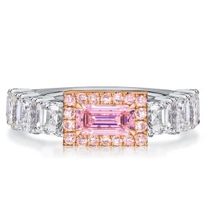Unique engagement Rings - Italo Halo Baguette Cut Pink Ring 2 Tone Half Eternity Ring, Italo jewelry - Online Catalog