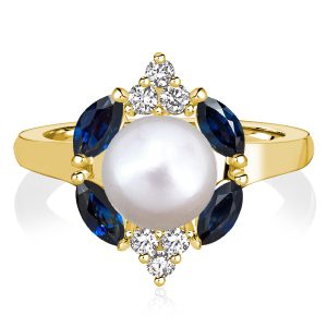halo engagement rings - Italo Golden Blue Sapphire Pearl Engagement Ring Halo Ring, Italo jewelry - Online Catalog