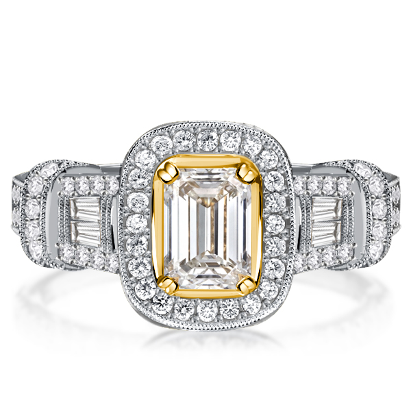 halo engagement rings - Italo Two Tone Milgrain Halo Emerald Cut Vintage Engagement Ring, Italo jewelry - Online Catalog