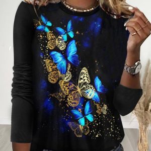 Casual Butterfly Print Crew Neck T-Shirt, Long sleeves, Lilicloth.com