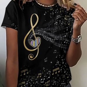 Casual Abstract Music Notes Print Crew Neck T-Shirt, T-shirts, Lilicloth.com