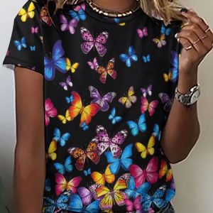 Womens Butterfly Print Casual Crew Neck T-Shirt, T-shirts, Lilicloth.com