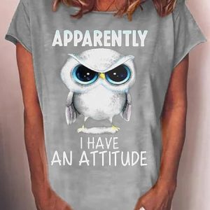 Womens Owl with An Attitude Letter Casual Short Sleeve T-Shirt, T-shirts, Lilicloth.com