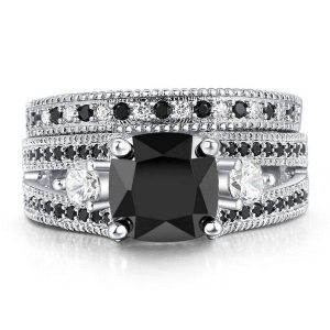 bridal sets - Italo Black Ring Set Cushion Cut Engagement Ring Bridal Set, Italo jewelry - Online Catalog
