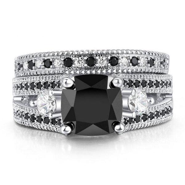 bridal sets - Italo Black Ring Set Cushion Cut Engagement Ring Bridal Set, Italo jewelry - Online Catalog
