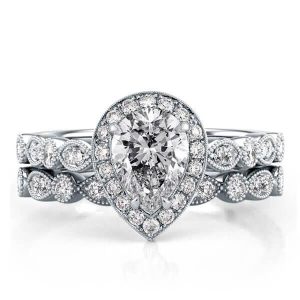 Bridal sets rings - Italo Halo Pear Milgrain Created White Sapphire Bridal Set, Italo jewelry - Online Catalog