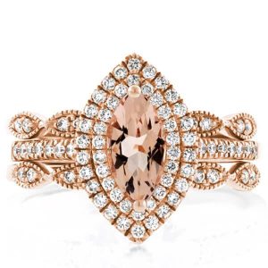 3pc wedding sets rings - Double Halo Milgrain Rose Gold 3PC Wedding Set, Italo jewelry - Online Catalog