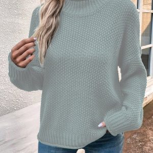 Women's Spring/Fall Plain Casual Long Sleeve Mock Neck Wool/Knitting Sweater, JustFashionNow Sweaters, color:Gray|size:L,