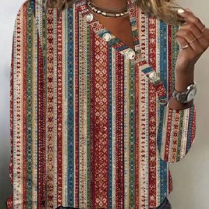 Women's Long Sleeve Tee T-shirt Spring/Fall Ethnic Printing Jersey Asymmetrical Collar Holiday Going Out Vintage Top, JustFashionNow T-Shirts, color:Deep Red|size:XXL,