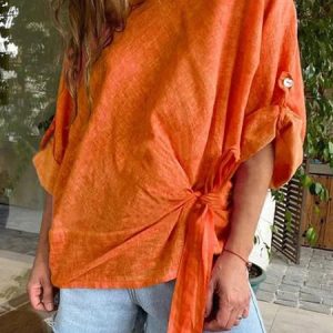 Women's Long Sleeve Blouse Spring/Fall Plain Bow Cotton And Linen Crew Neck Daily Going Out Casual Top White, JustFashionNow Tops, color:Orange|size:5XL,