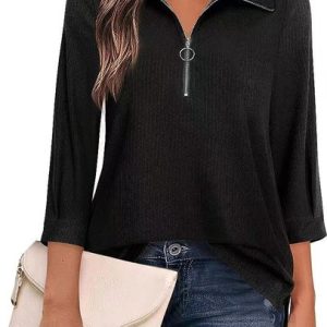 Women's Three Quarter Sleeve Blouse Spring/Fall Plain Zipper Shirt Collar Daily Going Out Casual Top, JustFashionNow Shirts & Blouses, color:Black|size:XXL,