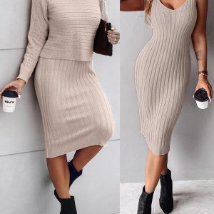 Cable Knit Long Sleeve Sweater & Sleeveless Casual Dress, women Two-piece Sets, ChicMe catalog