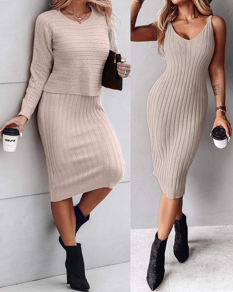 Cable Knit Long Sleeve Sweater & Sleeveless Casual Dress, women Two-piece Sets, ChicMe catalog