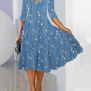 Women's Three Quarter Sleeve Spring/Fall Floral Dress V Neck Daily Going Out Casual Midi A-Line Fit & Flare Dress, JustFashionNow Dresses, color:Color4|size:3XL,