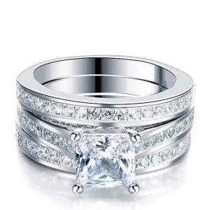 3pc wedding sets rings - Italo Princess Cut Engagement Ring Silver 3PC Wedding Set, Italo jewelry - Online Catalog