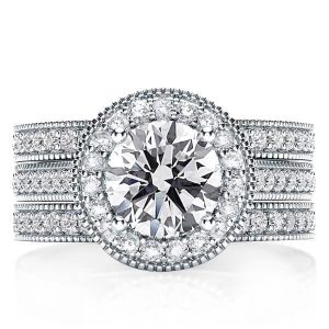 3pc wedding sets rings - Classic Halo Milgrain 3PC Wedding Set, Italo jewelry - Online Catalog