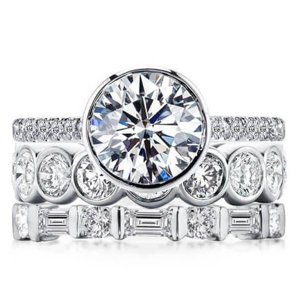 3pc wedding sets rings - Italo Bezel Set Engagement Ring Set With Eternity Wedding Band, Italo jewelry - Online Catalog