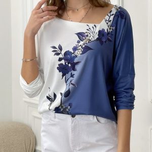 Contrast Floral Design Long Sleeve T-Shirt, JustFashionNow T-Shirts, color:Purple|size:3XL,
