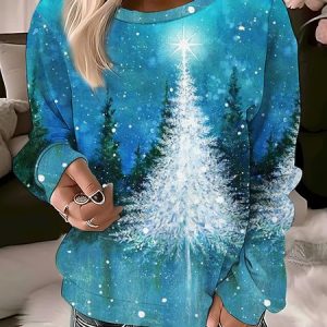 Women's Crew Neck Christmas Tree Printing Casual Spring/Fall Long Sleeve Sweatshirt, JustFashionNow Sweatshirts & Hoodies, color:Blue|size:XXL,