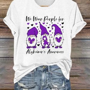We Wear Purple for Alzheimer's Gnome Loose Casual Crew Neck Text Letters T-Shirt, T-shirts, Lilicloth.com