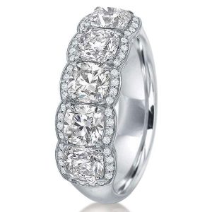 anniversary band - Halo Cushion Created White Sapphire Wedding Band Five Stone Ring, Italo jewelry - Online Catalog