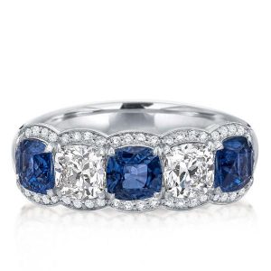 anniversary band - Halo Five Stone Alternating White & Blue Sapphire Wedding Band, Italo jewelry - Online Catalog